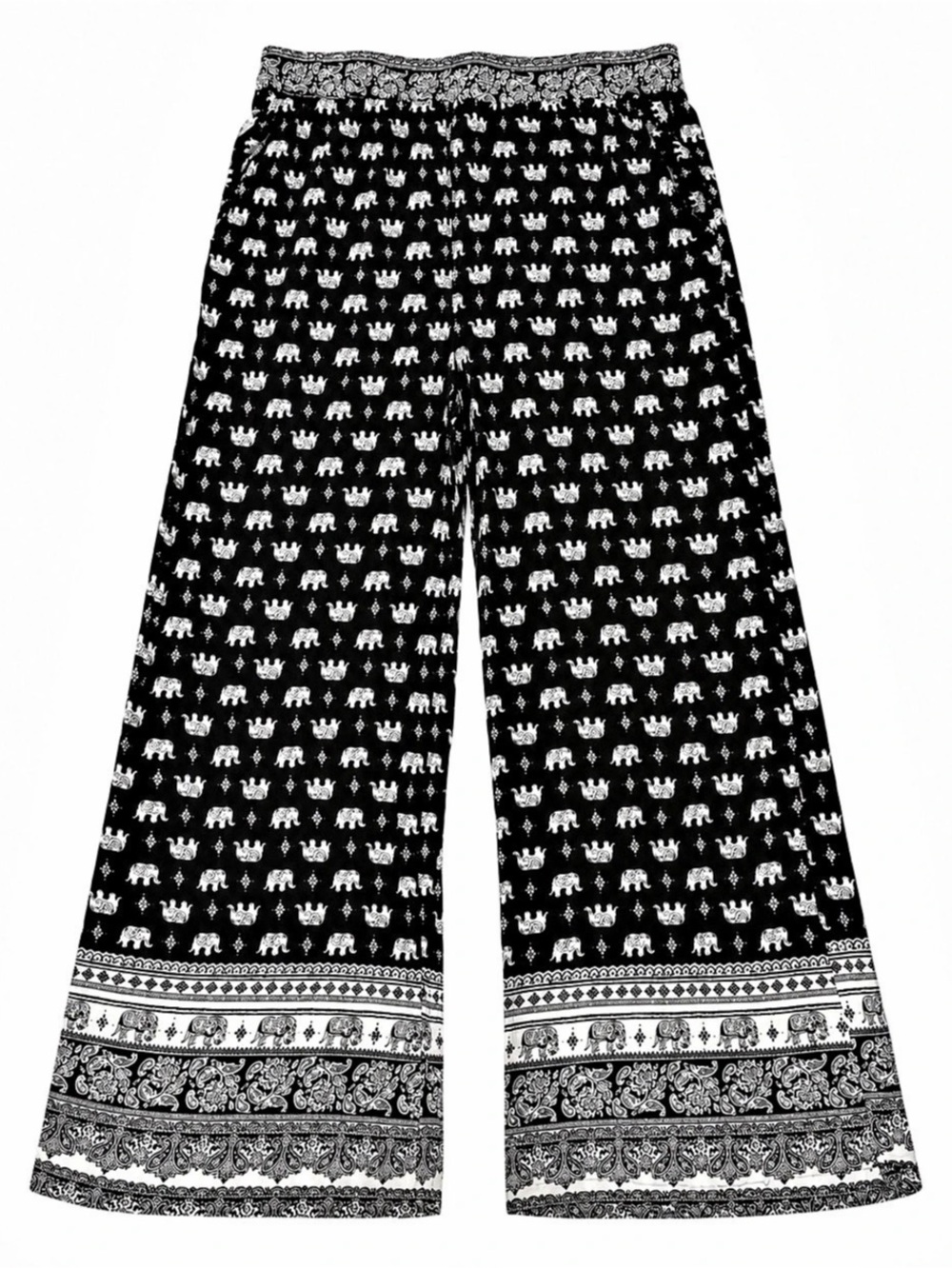 Black White Elephant Print Boho Palazzo Pants Wide Leg Elastic Waist